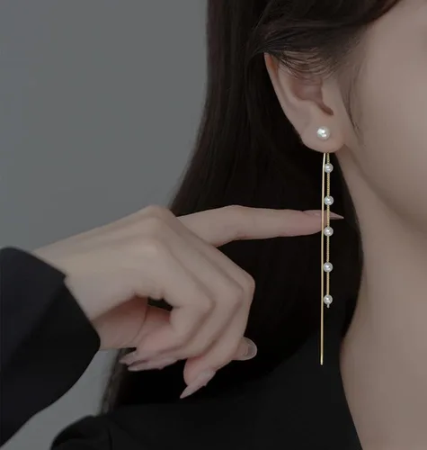 Vista 6 de SLUYNZ Aretes colgantes de plata de ley 925 con perlas de concha de imitación para mujer, elegantes aretes largos con borlas, aretes colgantes