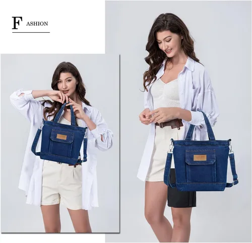 Vista 8 de Bolso de mano pequeño de mezclilla para mujer, bolso de hombro Hobo, bolso de lona casual, bolso cruzado, bolso de gran capacidad