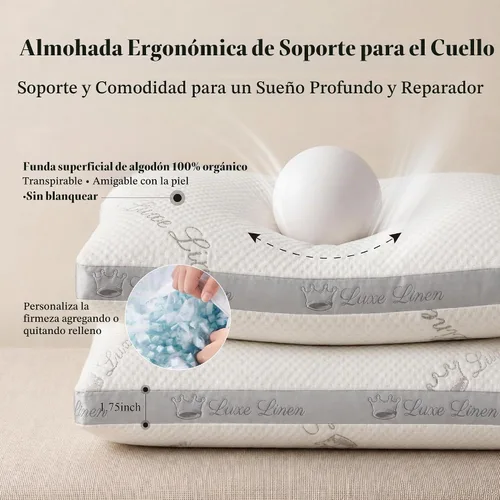 Vista 4 de Almohadas de Cama Queen de Algodón Orgánico, Almohadas de Espuma Viscoelástica Triturada, Almohada de Cama Ajustable para Dormir, 20"x30" Almohadas