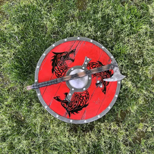 Vista 6 de LOOYAR Escudo de tótem de lobo de la era vikinga de los vikingos y decoraciones de hacha para disfraz de Halloween de caballero berserker vikingo
