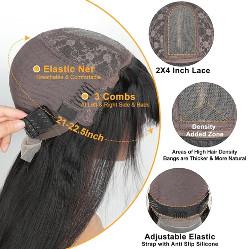Vista 6 de Straight Human Hair Wigs with Bangs 180% Density 2x4 Lace Front Wigs with Bangs Closure Wear and Go Glueless Wigs 100% Brazilian Virgin Human Hair