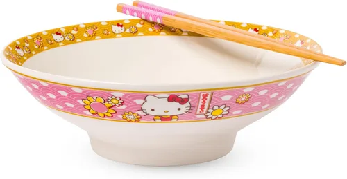Vista 117 de Silver Buffalo Sanrio Hello Kitty Flowers, cuenco de ramen con palillos Patrón de flores de Hello Kitty