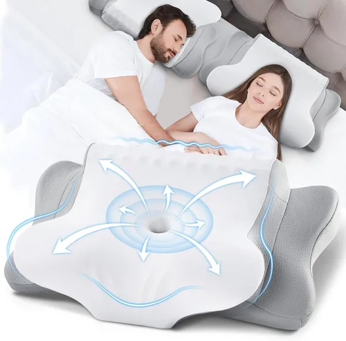 Vista 8 de Almohada cervical de espuma viscoelástica para cuello y hombros, almohada cervical de contorno ergonómico para dormir con 2 alturas, almohadas