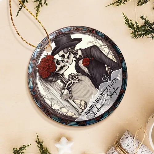 Vista 4 de Adorno de Navidad personalizado de esqueleto de novia y novio 2025, adorno de esqueleto de pareja con texto personalizado para bodas comprometidas