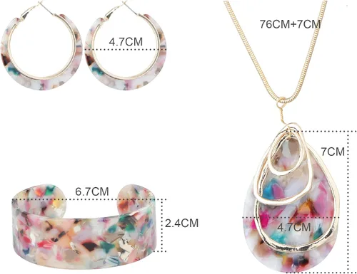 Vista 7 de ORAZIO Juego de joyas acrílicas para mujer, aretes de resina bohemia, collar y pulsera