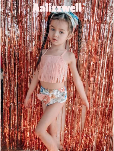 Vista 3 de Conjunto de traje de baño de dos piezas con borlas para bebés y niñas pequeñas