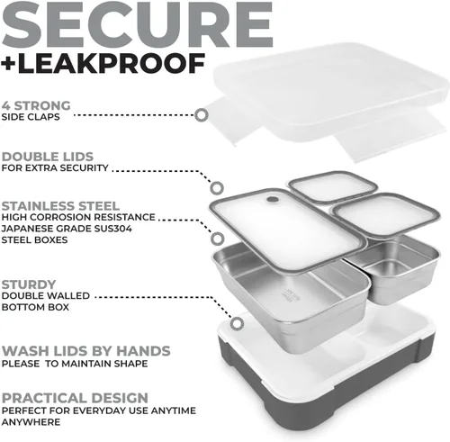 Vista 5 de Juego de Lonchera Bento de Acero Inoxidable para Adultos, Niños - Bolsa Aislante y Paquete de Hielo - Compartimento de Metal a Prueba de Fugas