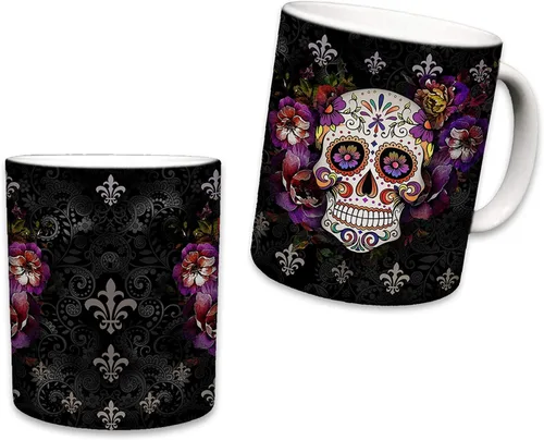 Vista 2 de Sweet Gisele Taza de cerámica de calavera de azúcar, taza de café con estampado floral, diseño del Día de los Muertos, hermosos colores vivos, gran