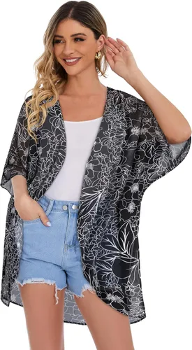 Vista 3 de Cárdigan tipo kimono de manga abombada con estampado floral para mujer, blusa informal