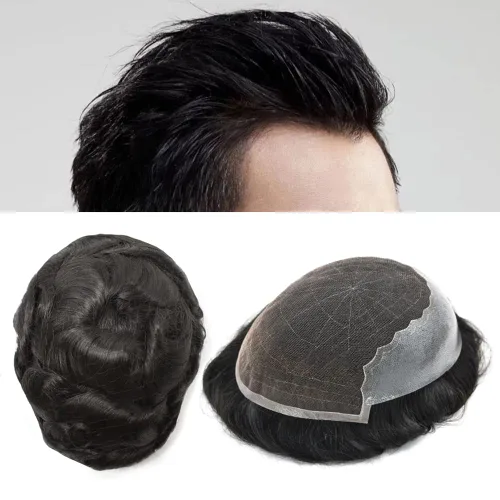 Vista 34 de Mens Toupee Human Hair Replacement System Swiss Lace Toupee For Men Hair Piece Protesis Capilar Mens Hairpiece 5X7#1 Jet Black 120% Density