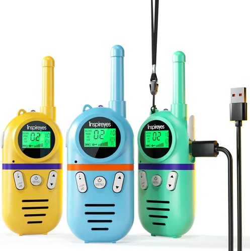 Vista 10 de Inspireyes Walkie Talkies para niños recargables, juguetes para niños y niñas de 3 a 12 años, paquete de 2 radios bidireccionales de largo alcance