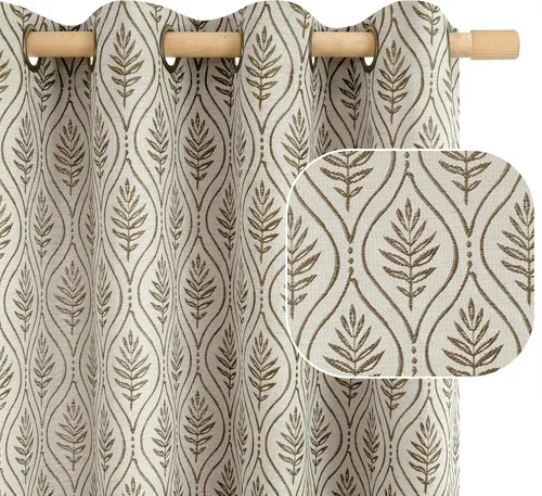 Vista 18 de BGment - Cortinas francesas de campo amarillas mostaza de 63 pulgadas de largo para dormitorio, patrón botánico de jacquard de hojas, estilo rústico