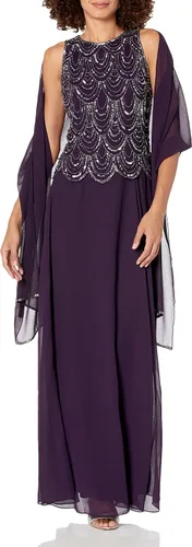 Vista 37 de J Kara Vestido largo sin mangas con cuentas y bufanda para mujer, talla grande