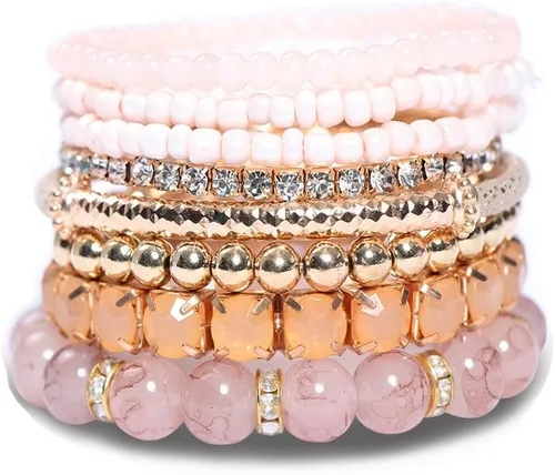 Vista 7 de Pingyongchang - Juego de pulseras apilables de múltiples capas estilo bohemio con cuentas de cristal para mujer, hechas a mano, con cuentas doradas