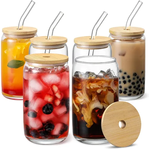 Vista 9 de [Juego de 12 piezas] Vasos de vidrio con tapas de bambú y popote de vidrio, vasos para beber en forma de cerveza, vasos de café helado de 16 onzas