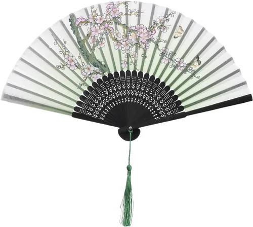 Vista 5 de QIRMIZI 5 ventiladores de mano – Elegantes ventiladores plegables de seda con marcos de bambú, ventilador plegable de flecos huecos, ventilador