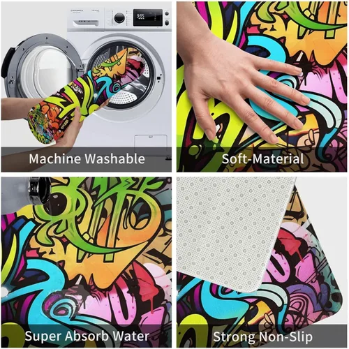 Vista 5 de Tapete con estampado de grafiti, tapete antideslizante y lavable para interiores y exteriores, tapete de bienvenida absorbente para cocina