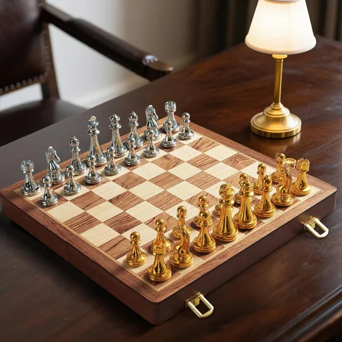Vista 7 de BIVOMON Juego de ajedrez de metal para adultos y niños, tablero de ajedrez de madera plegable de 12 pulgadas con piezas de ajedrez de metal, juego