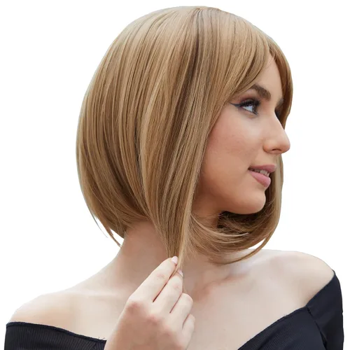 Vista 12 de Onpep Pelucas de cabello castaño rojizo con flequillo para mujer, longitud corta y recta, resistente al calor, peluca sintética resistente al calor