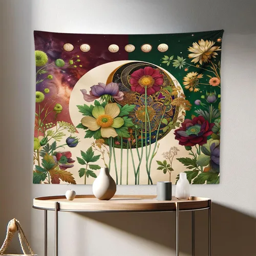 Vista 124 de Ambesonne Tapiz verde, fases lunares alrededor de un árbol de la vida, impresión de diseño bohemio de astrología nocturna, decoración de tela