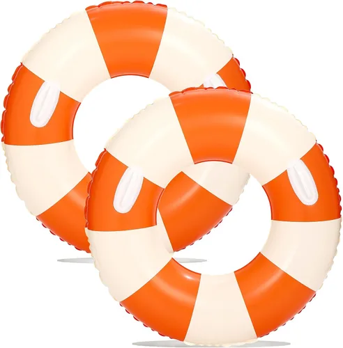 Vista 19 de Flotadores inflables de piscina para adultos, paquete de 2 flotadores a rayas, tubos de piscina, anillos de natación con asas, flotador inflable
