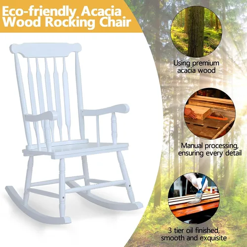 Vista 5 de PHI VILLA Mecedora de madera para exteriores, sillas mecedoras de madera de acacia de gran tamaño con respaldo de listones para patio, terraza