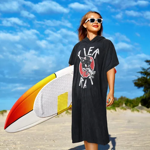 Vista 2 de Tirrinia Toalla cambiadora de poncho de surf con capucha, traje de neopreno de microfibra de secado rápido para surf, playa, natación, piscina