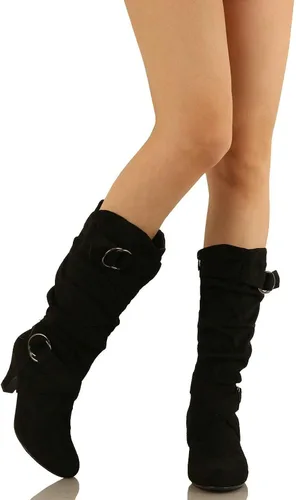 Vista 2 de pbnbp Botas de media pantorrilla para mujer, tacón medio de gatito, botas holgadas con hebilla de ante para otoño e invierno, botas altas