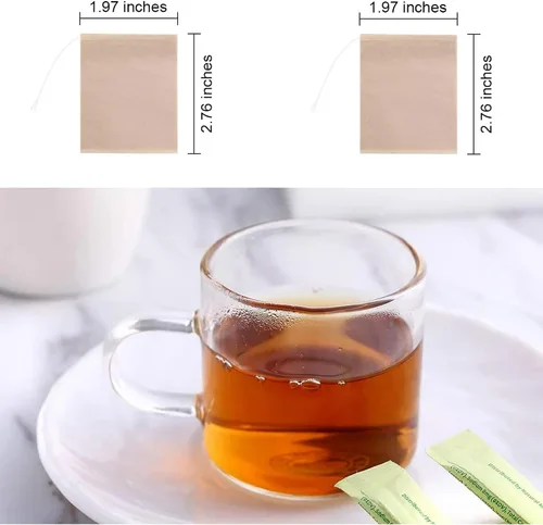 Vista 2 de 100 bolsas de té desechables marrones para té de hojas sueltas, bolsas de filtro de té sin blanquear con cordón y compostables, coladores y filtros