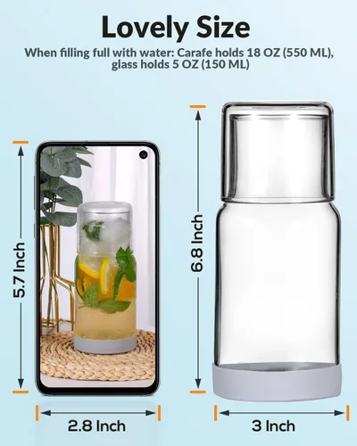 Vista 6 de Juego de jarra de agua y vaso para mesita de noche, jarra de agua nocturna con vaso, dispensador de enjuague bucal de vidrio transparente para baño