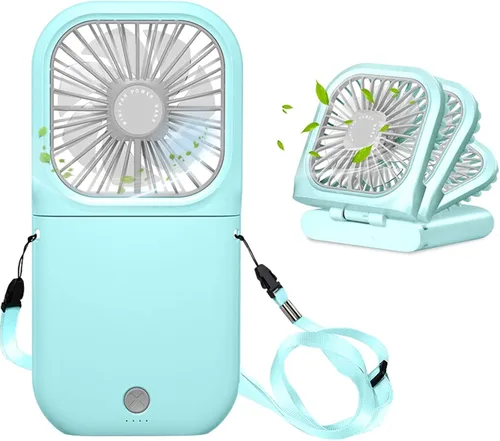 Vista 10 de Ventilador portátil para el cuello mini, silencioso, de mano, personal, plegable, recargable por USB, operado para el hogar, oficina, exteriores