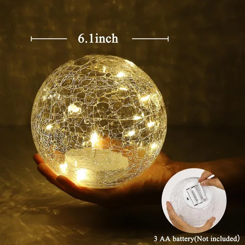 Vista 2 de Lámpara LED de globo agrietado de 6 pulgadas, funciona con pilas, luz de bola de vidrio agrietado de mercurio dorado con interruptor inferior