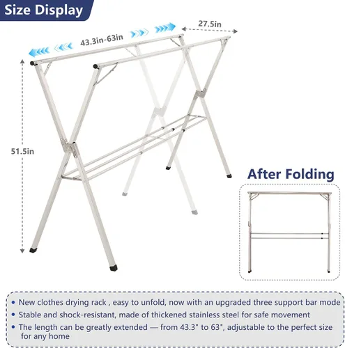 Vista 2 de Estante de secado de ropa plegable de 63 pulgadas, estante de secado de ropa resistente de acero inoxidable para interiores y exteriores, estante