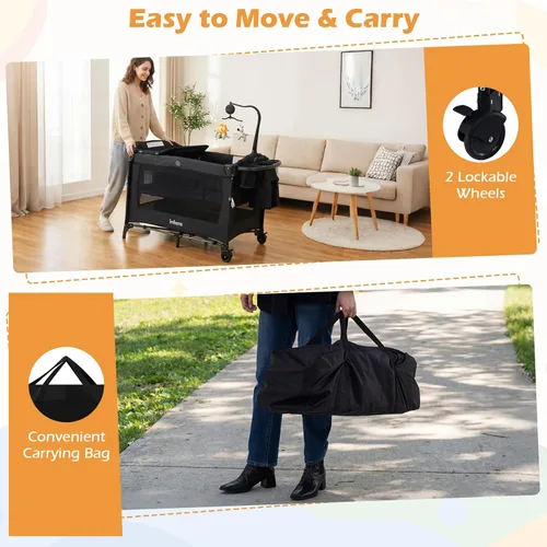 Vista 8 de INFANS Cuna 4 en 1 para bebé, convierte paquete y juego en cuna portátil con cambiador de pañales, colchón, bolsa de transporte, caja de música