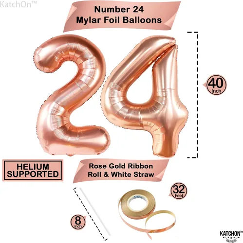 Vista 4 de KatchOn, Globos de oro rosa con el número 24, 40 pulgadas, globos de cumpleaños 24 para mujer, globos del número 24 con globos de confeti