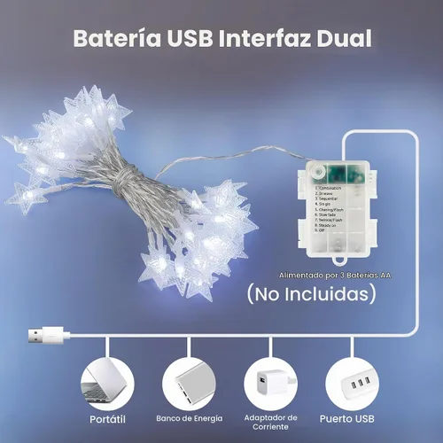 Vista 6 de HEYFUNi Guirnalda de luces de estrella USB y funciona con pilas, 16 pies, 50 luces LED con control remoto, 8 modos, 4 brillo y velocidad, luces