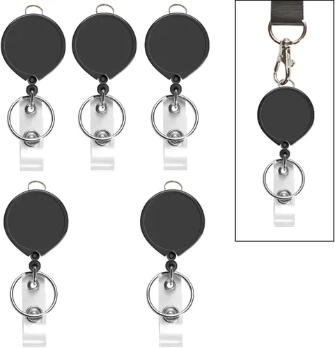 Vista 5 de AIWOQI Paquete de 5 carretes retráctiles negros para cordones, enfermeras, soporte para insignias, carrete retráctil con anillo de metal, con clip