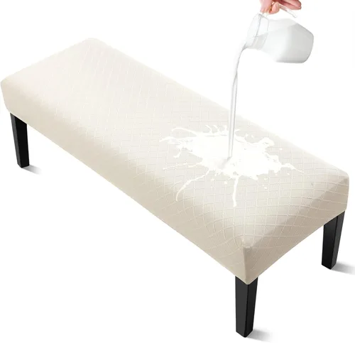 Vista 21 de YISUN Fundas de banco de jacquard para comedor, funda elástica lavable y extraíble para banco, protector de asiento rectangular para bancos de Beige