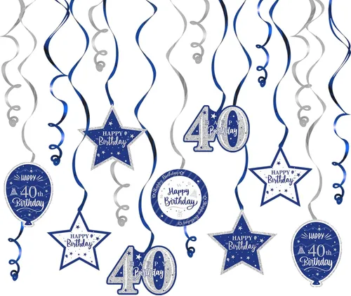 Vista 89 de Decoración de fiesta de serpentinas con purpurina azul y plateada de feliz 11º cumpleaños, 15 piezas de remolinos colgantes de 11 cumpleaños, cartel