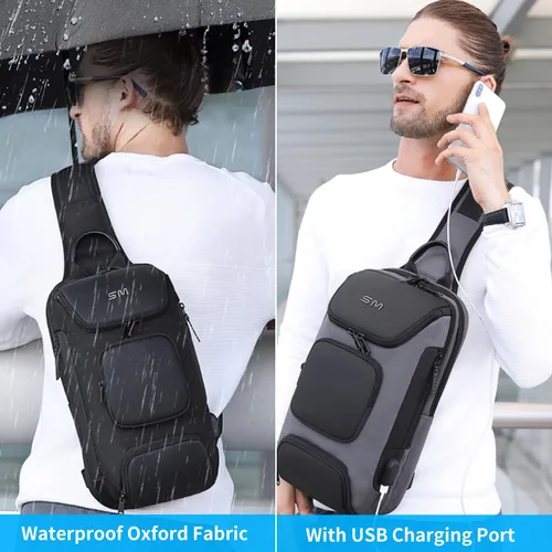 Vista 2 de SMONT Bandolera cruzada para hombre, 14.2 pulgadas, antirrobo, impermeable, con puerto de carga USB
