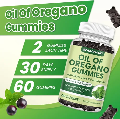 Vista 4 de Gomitas de aceite de orégano con aceite de semilla negra + vitamina D3, aceite de orégano orgánico de alto carvacrol, apoyo inmunológico