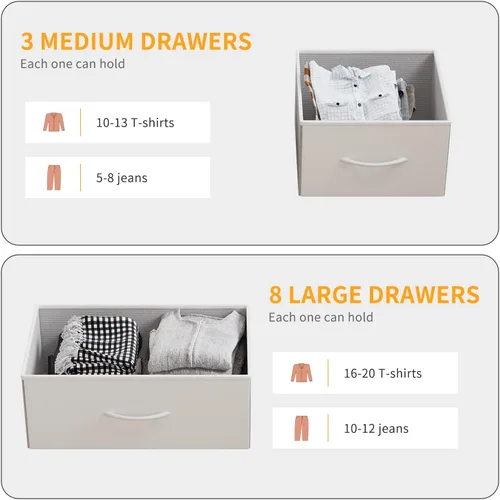 Vista 31 de Cómoda de almacenamiento de tela con 11 cajones para organización del dormitorio, cómoda con estantes profundos, bolsillos laterales y ganchos, Negro