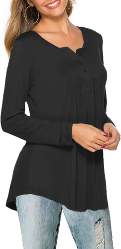 Vista 4 de Halife Blusa casual de manga larga con cuello en V para mujer, ajuste holgado, plisada