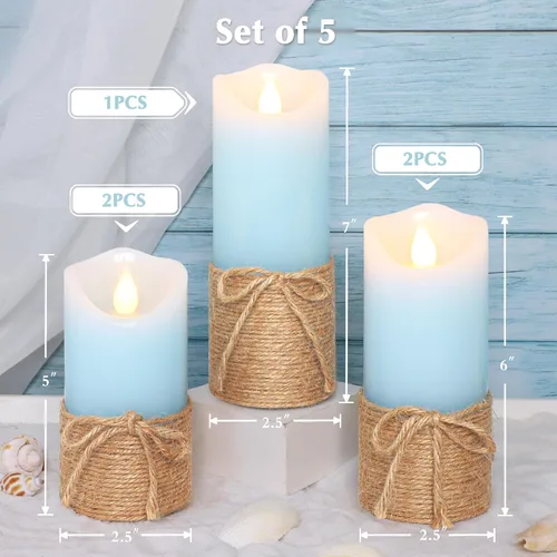 Vista 2 de Crystal Club Velas azules sin llama, juego de 5 velas LED con temporizador, juego de velas de cera real con control remoto para decoración del hogar