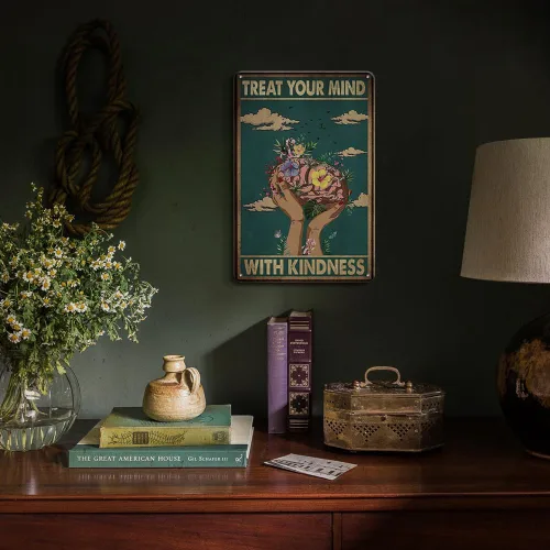 Vista 4 de Letrero de metal grueso vintage con texto en inglés «Treat Your Mind With Kindness»