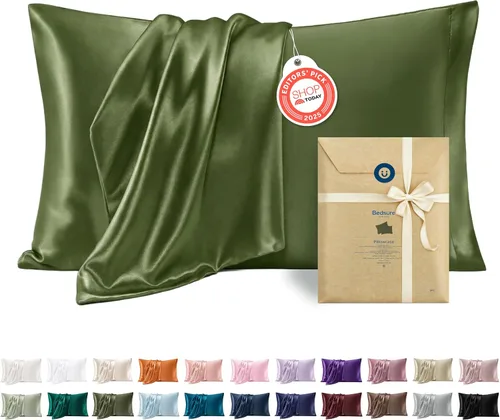 Vista 14 de Bedsure Paquete de 2 fundas de almohada de satén similares a las fundas de almohada de seda tamaño estándar, funda de almohada para mujeres que
