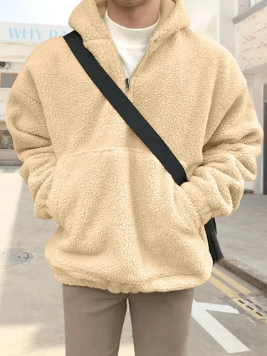 Vista 2 de Mens Sherpa Fuzzy Pullover Hoodie Sweatshirts 14 Zip Up Oversized Top Long Sleeve Fleece Jacket with Pockets