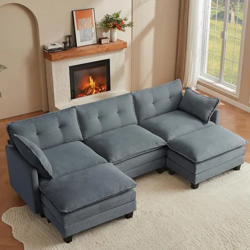 Vista 9 de Amsleekey Sofá Seccional Modular, 111.5" en Forma de U de Pana Cómodo Sofás Seccionales para Sala de Estar, Sofás Nube de 3 Plazas con 2 Otomanas