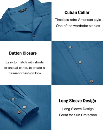 Vista 5 de COOFANDY Camisas de algodón y lino para hombre, de manga larga, casuales, con botones, para la playa