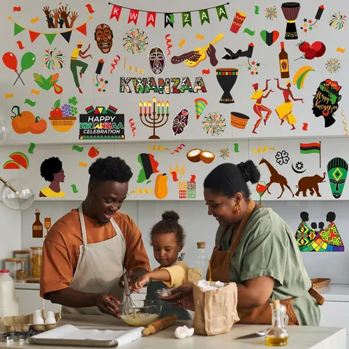 Vista 4 de Qeeenar 101 calcomanías Kwanzaa para ventana, calcomanías de vinilo para decoración de pared, calcomanías de vinilo Kinara, velas afroamericanas